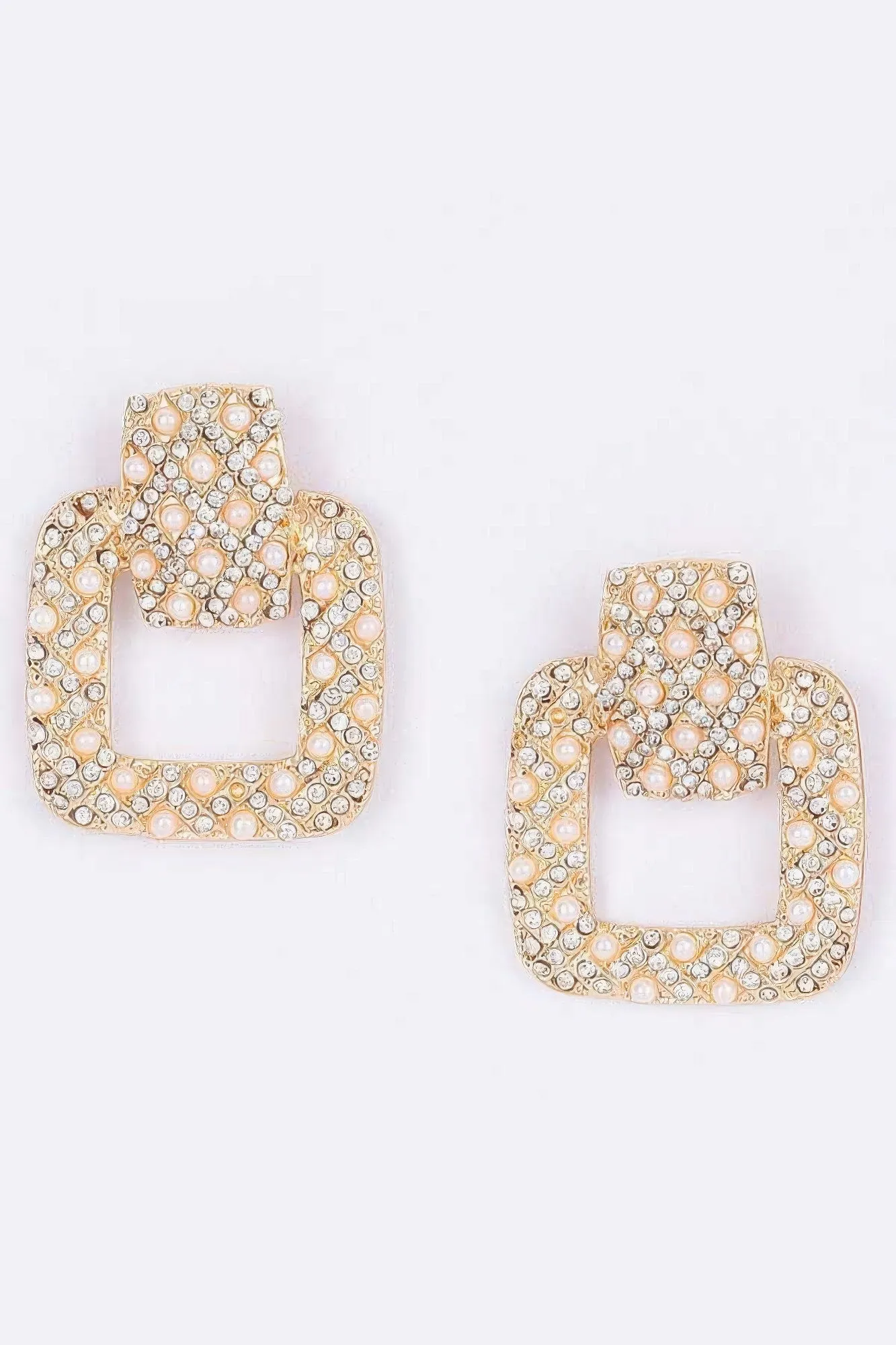 Rectangle Link Faux Pearl Rhinestone Dangle Earrings