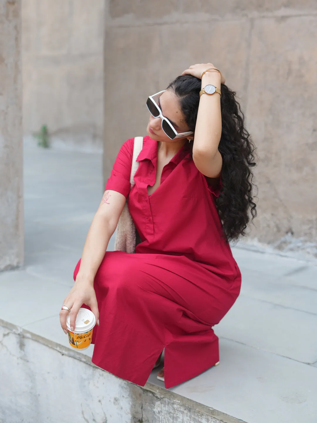 Red Poplin Button Down Midi Dress