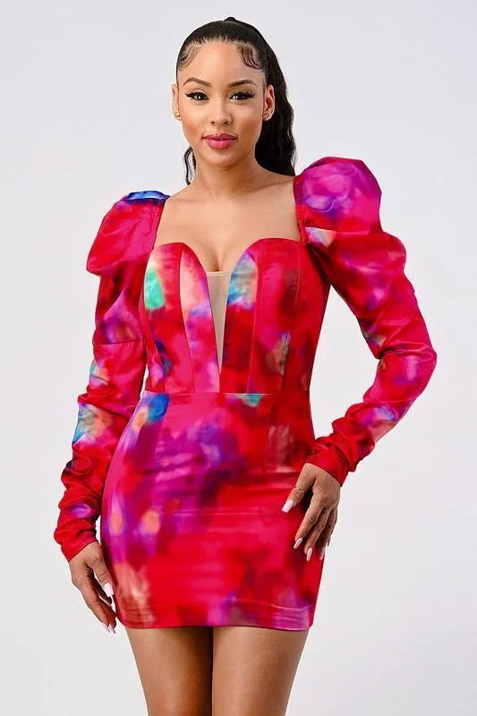red splash puff shoulder long sleeve mini dress