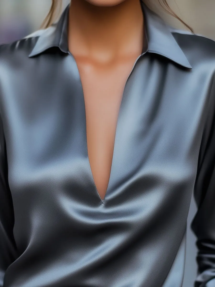Refined Silver Satin Blouse with Bold V-Neckline