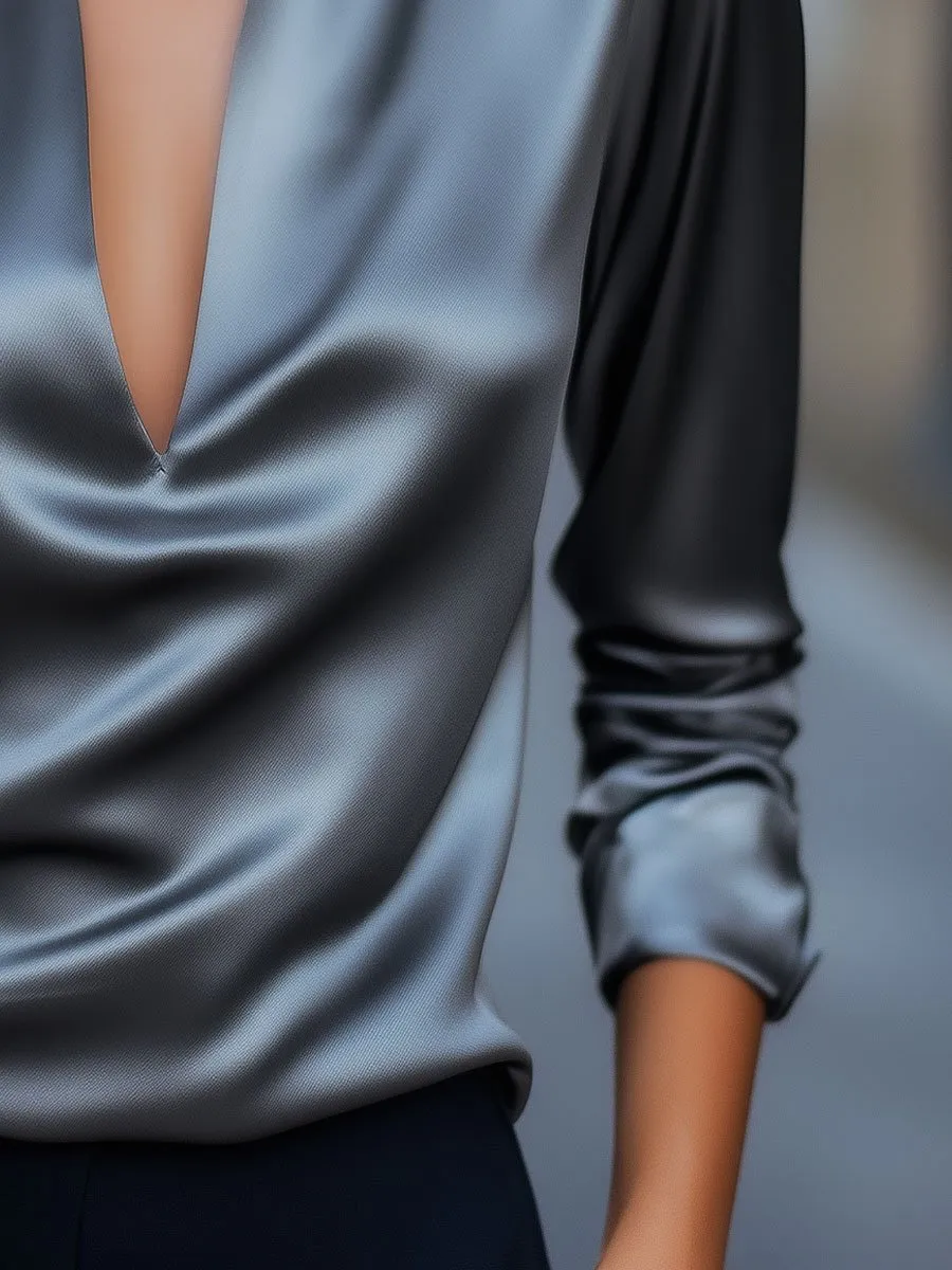 Refined Silver Satin Blouse with Bold V-Neckline