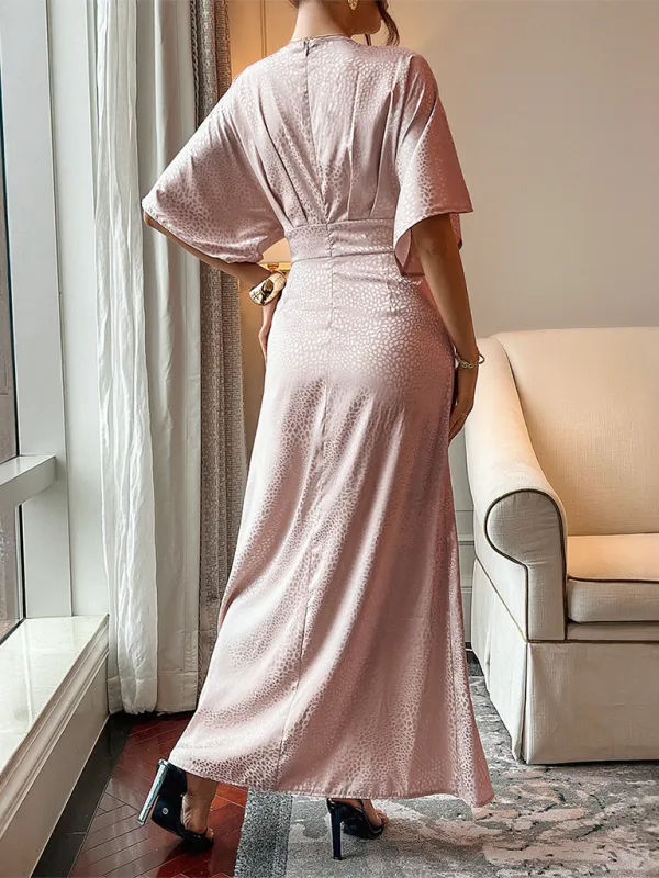 Retro Leopard Print Maxi Dress with High Slit and V-Neck
