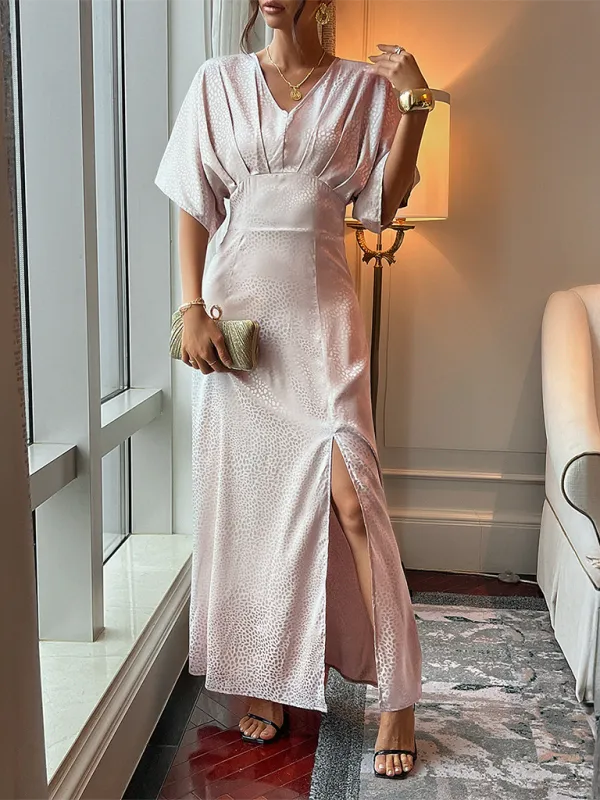 Retro Leopard Print Maxi Dress with High Slit and V-Neck