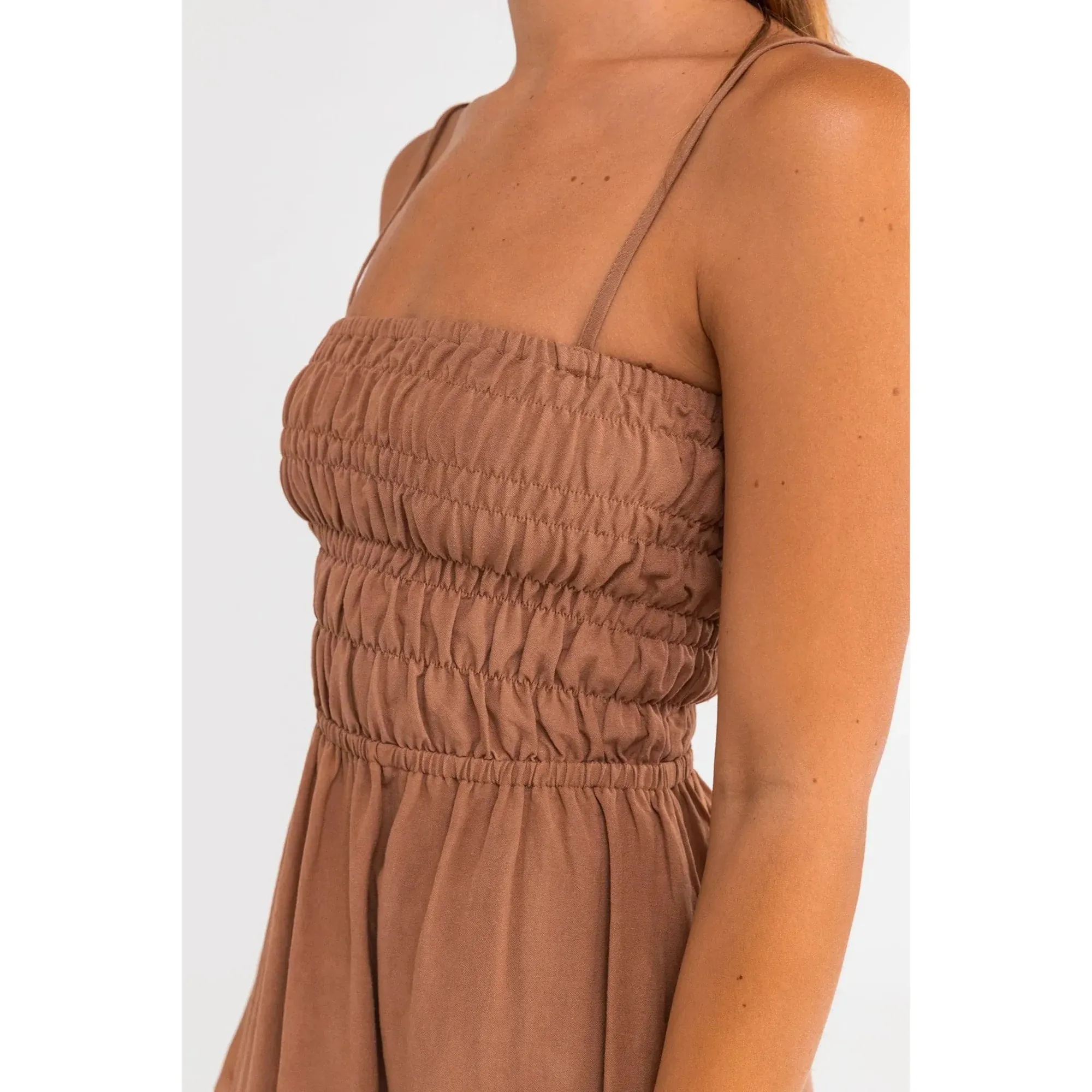RHYTHM CLASSIC SHIRRED MIDI DRESS - CARAMEL