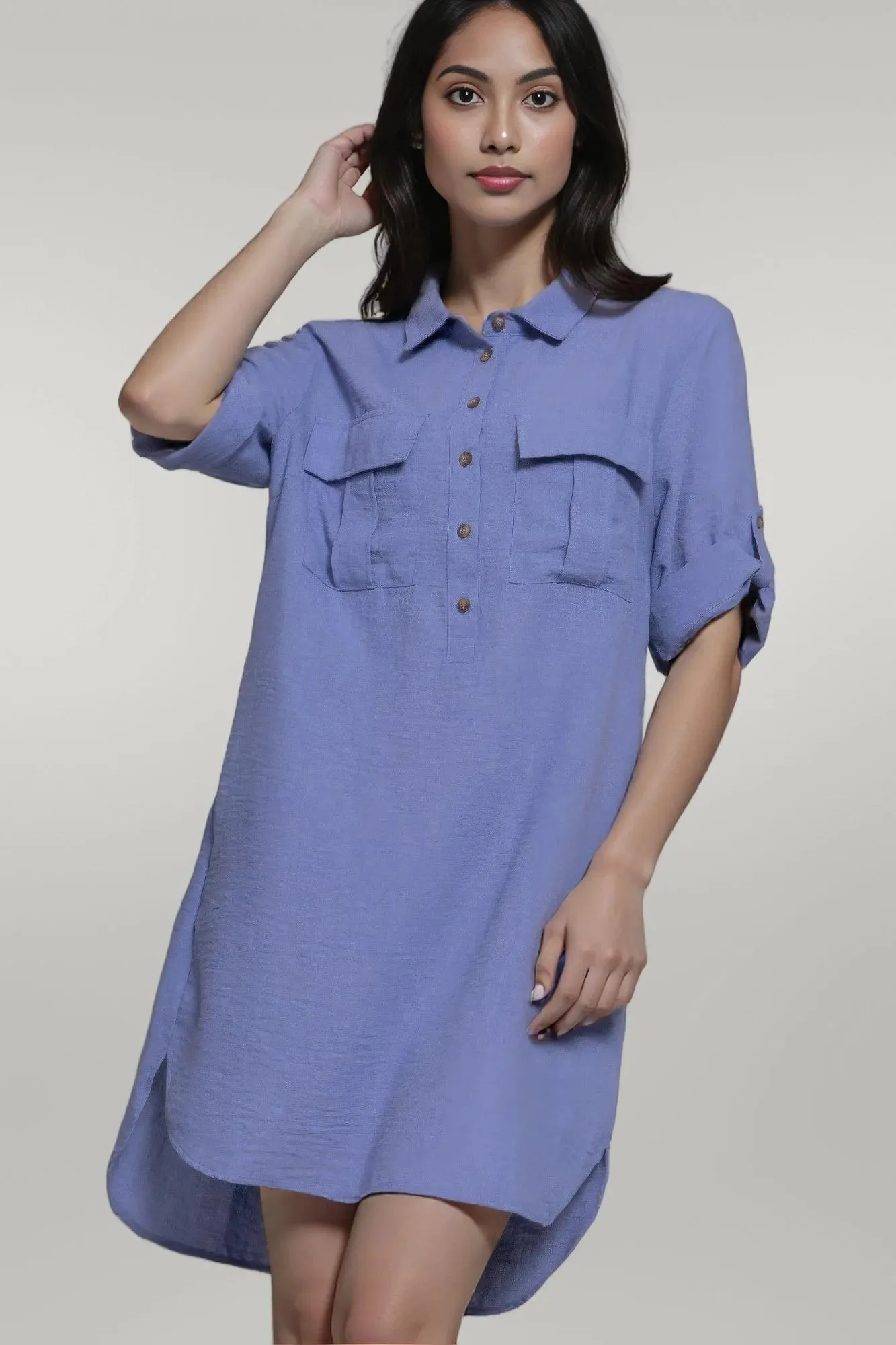Roll Up Short Sleeve Straight  Mini Dress