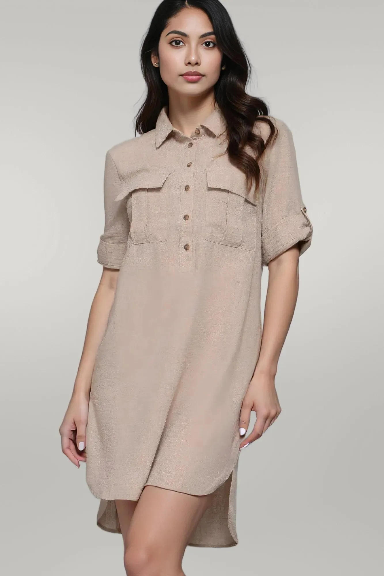 Roll Up Short Sleeve Straight  Mini Dress