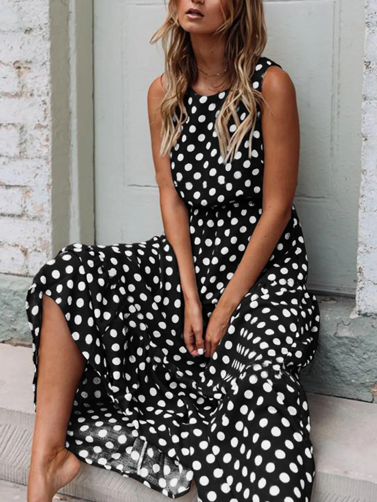 Round Neck  Polka Dots Casual Dresses