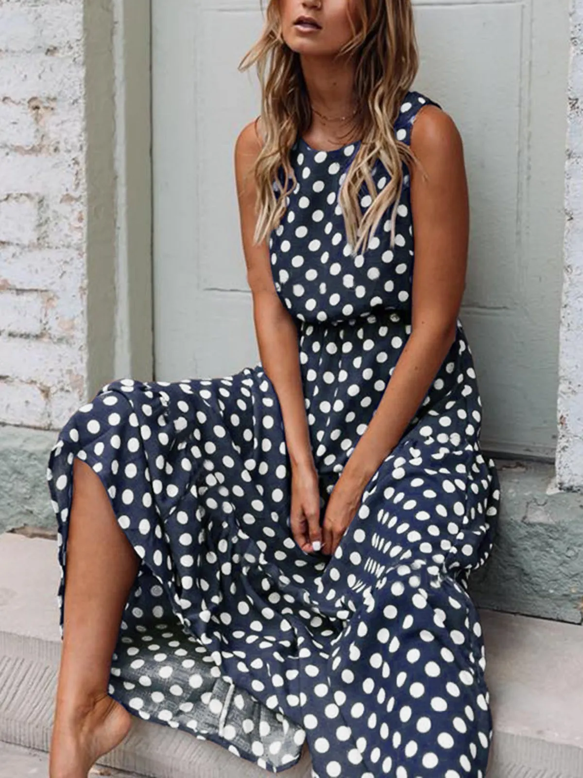 Round Neck  Polka Dots Casual Dresses