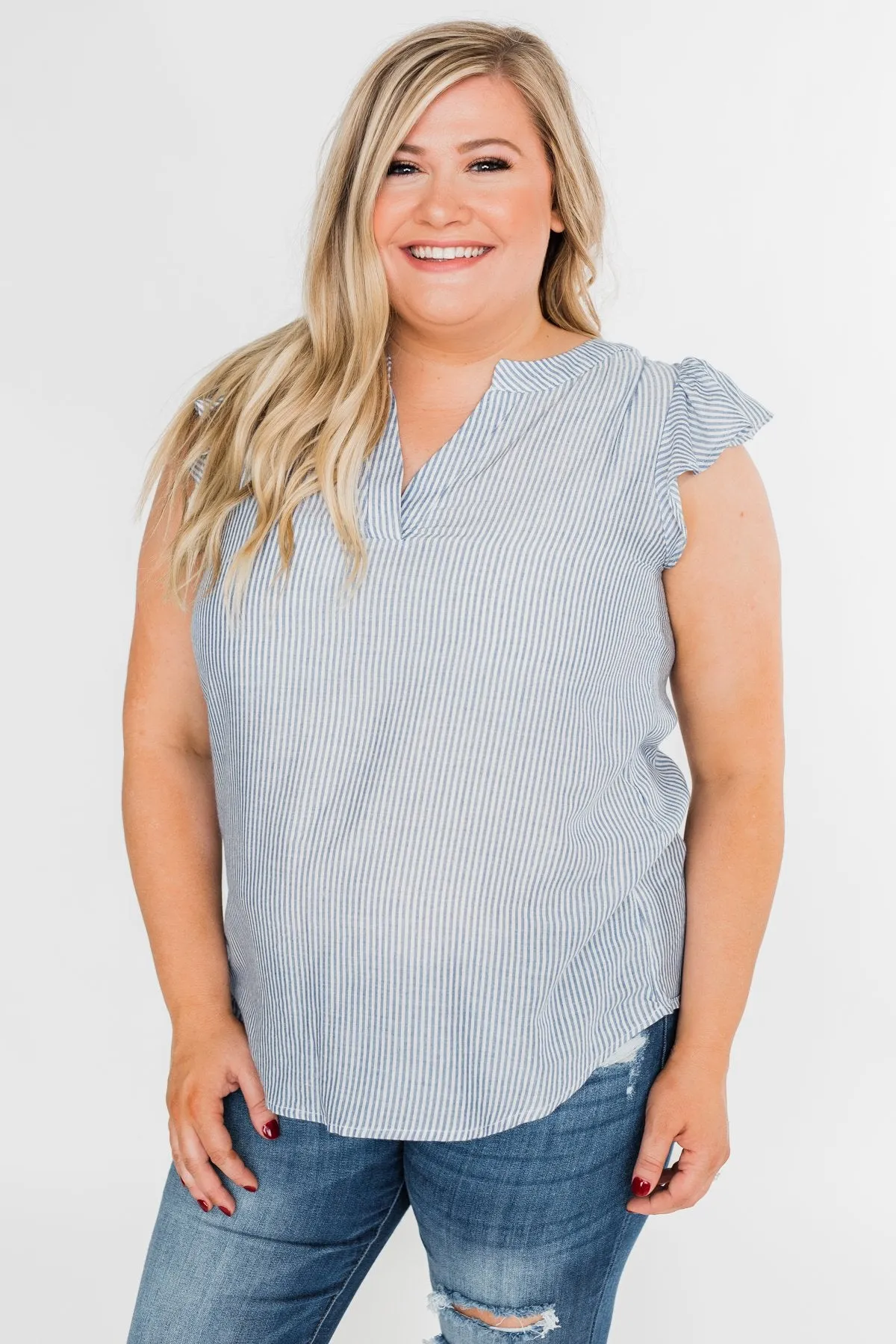 Ruffled Over You Striped Tank Top- Light Blue & Ivory