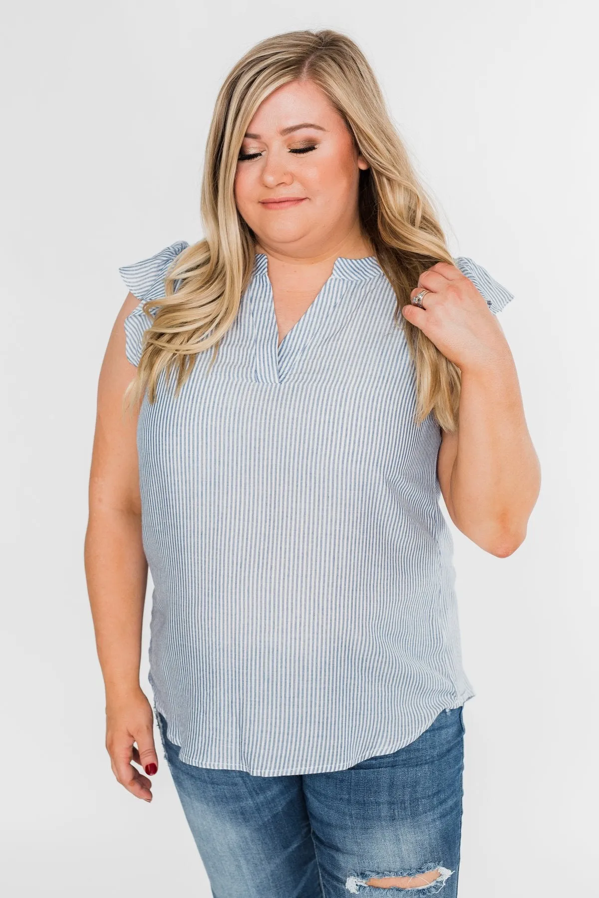 Ruffled Over You Striped Tank Top- Light Blue & Ivory