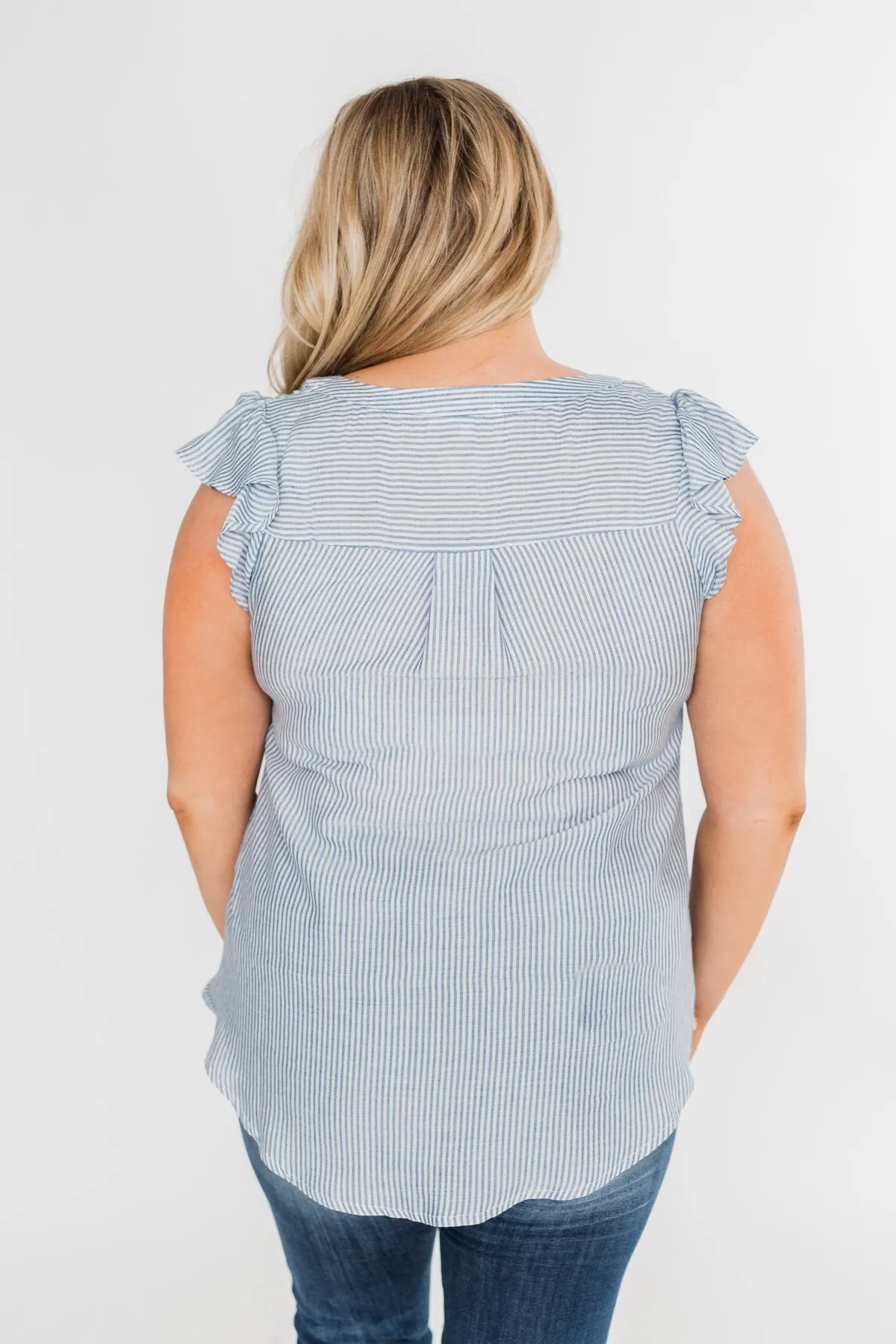 Ruffled Over You Striped Tank Top- Light Blue & Ivory