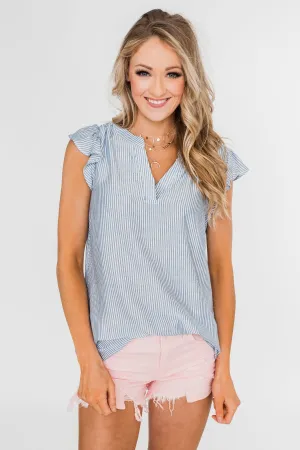 Ruffled Over You Striped Tank Top- Light Blue & Ivory