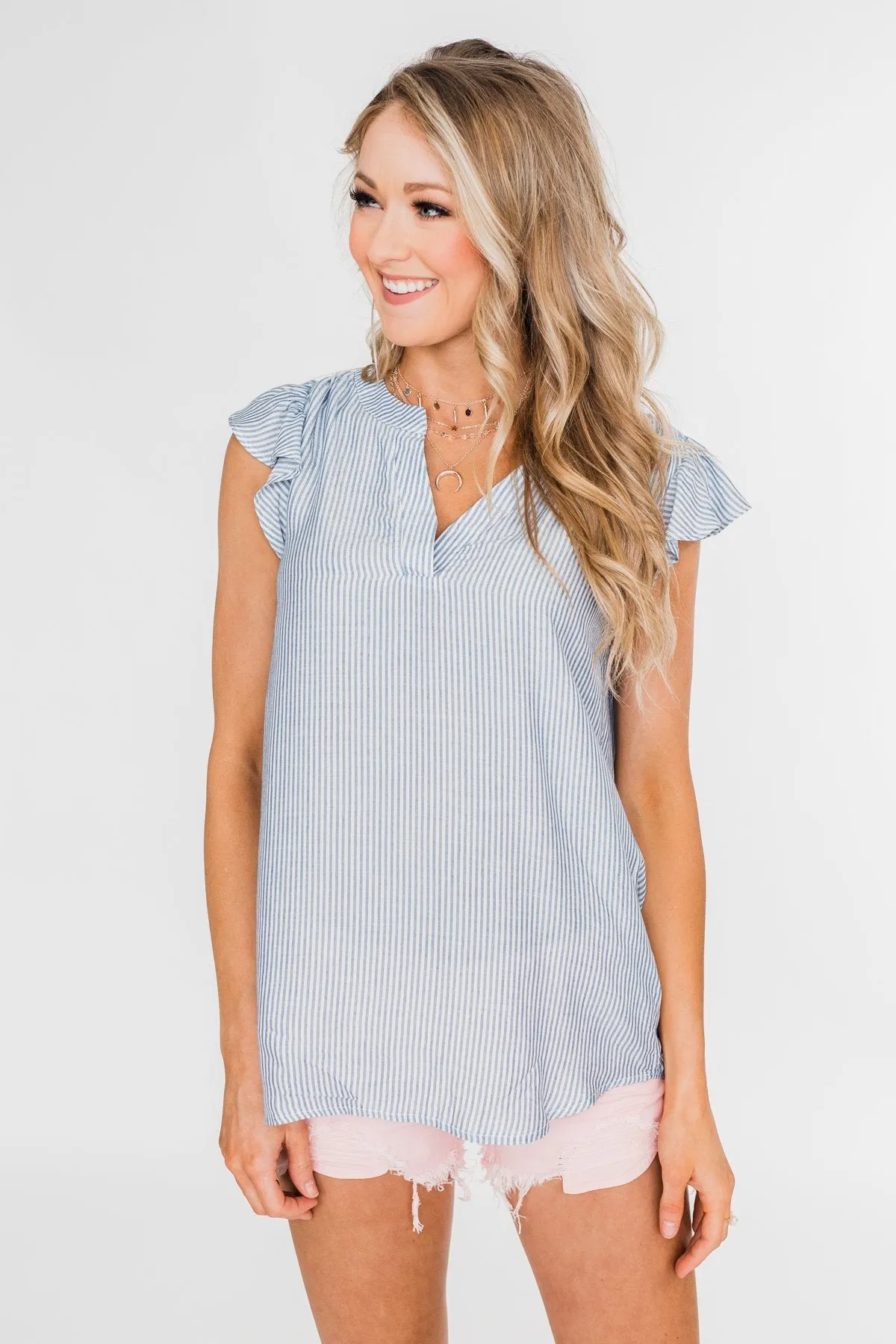 Ruffled Over You Striped Tank Top- Light Blue & Ivory