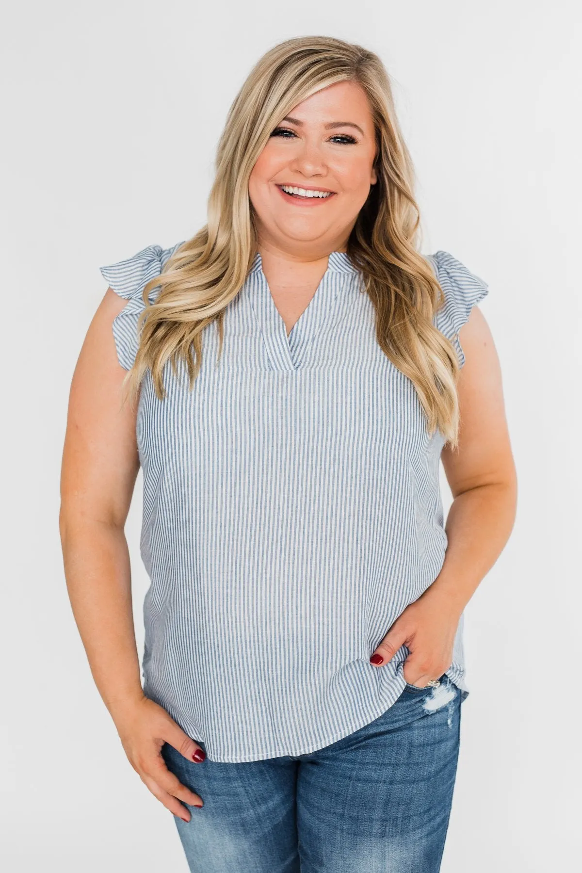Ruffled Over You Striped Tank Top- Light Blue & Ivory