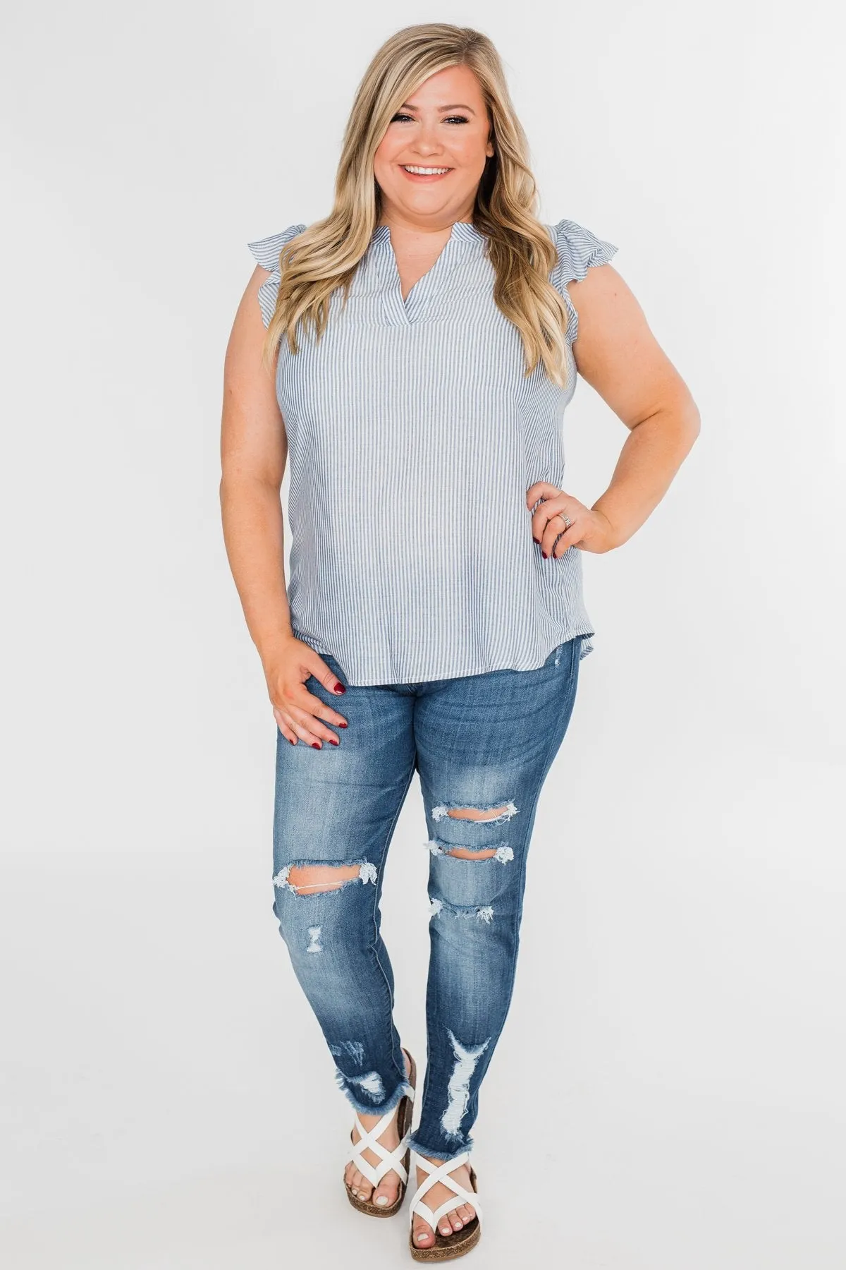Ruffled Over You Striped Tank Top- Light Blue & Ivory