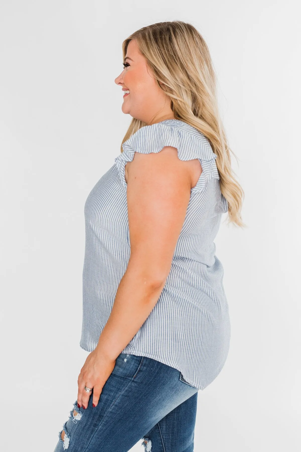 Ruffled Over You Striped Tank Top- Light Blue & Ivory