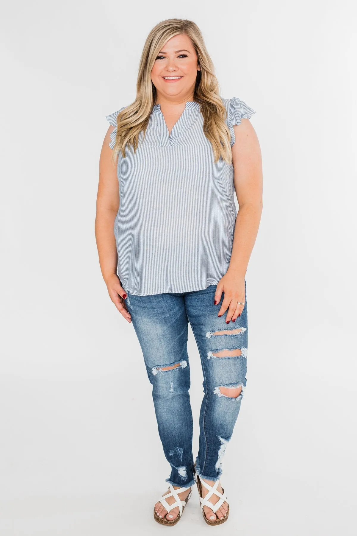 Ruffled Over You Striped Tank Top- Light Blue & Ivory