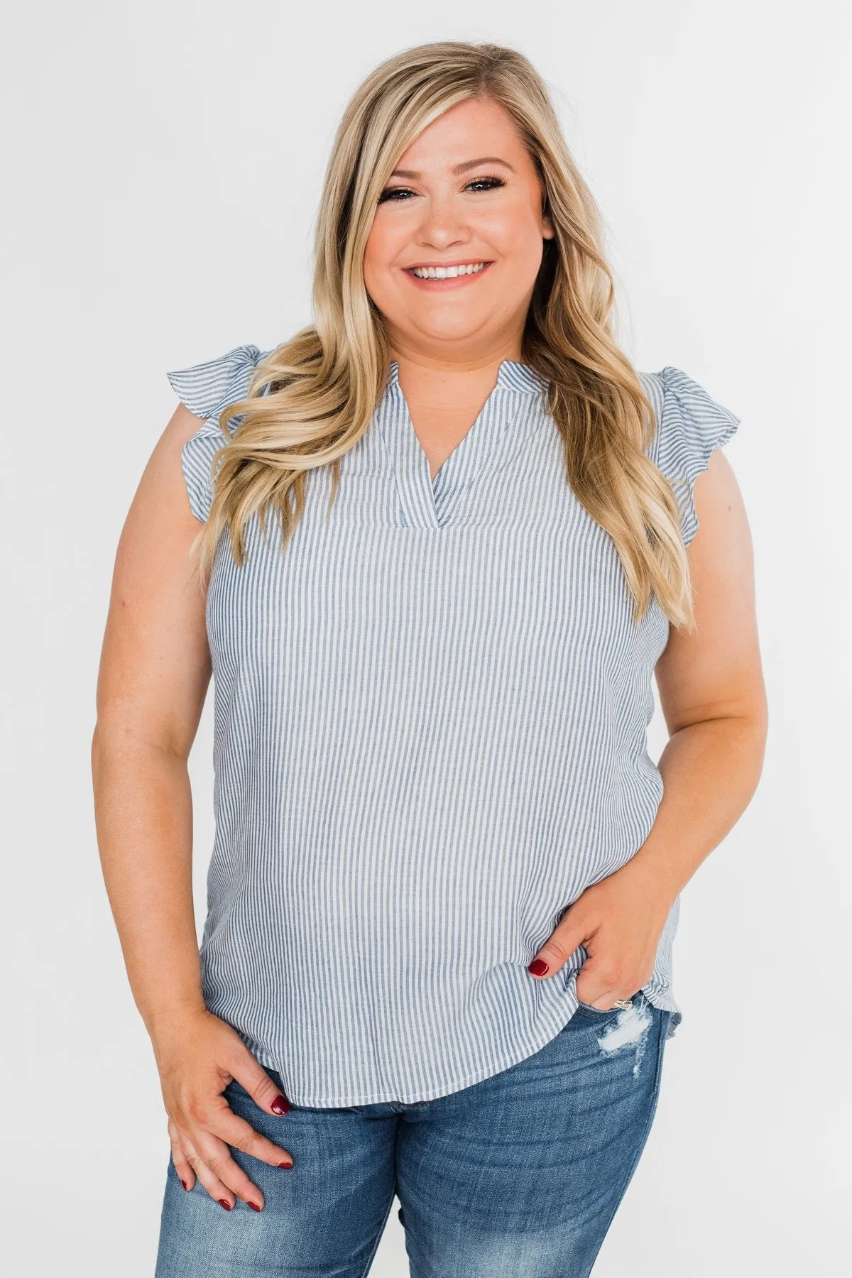Ruffled Over You Striped Tank Top- Light Blue & Ivory