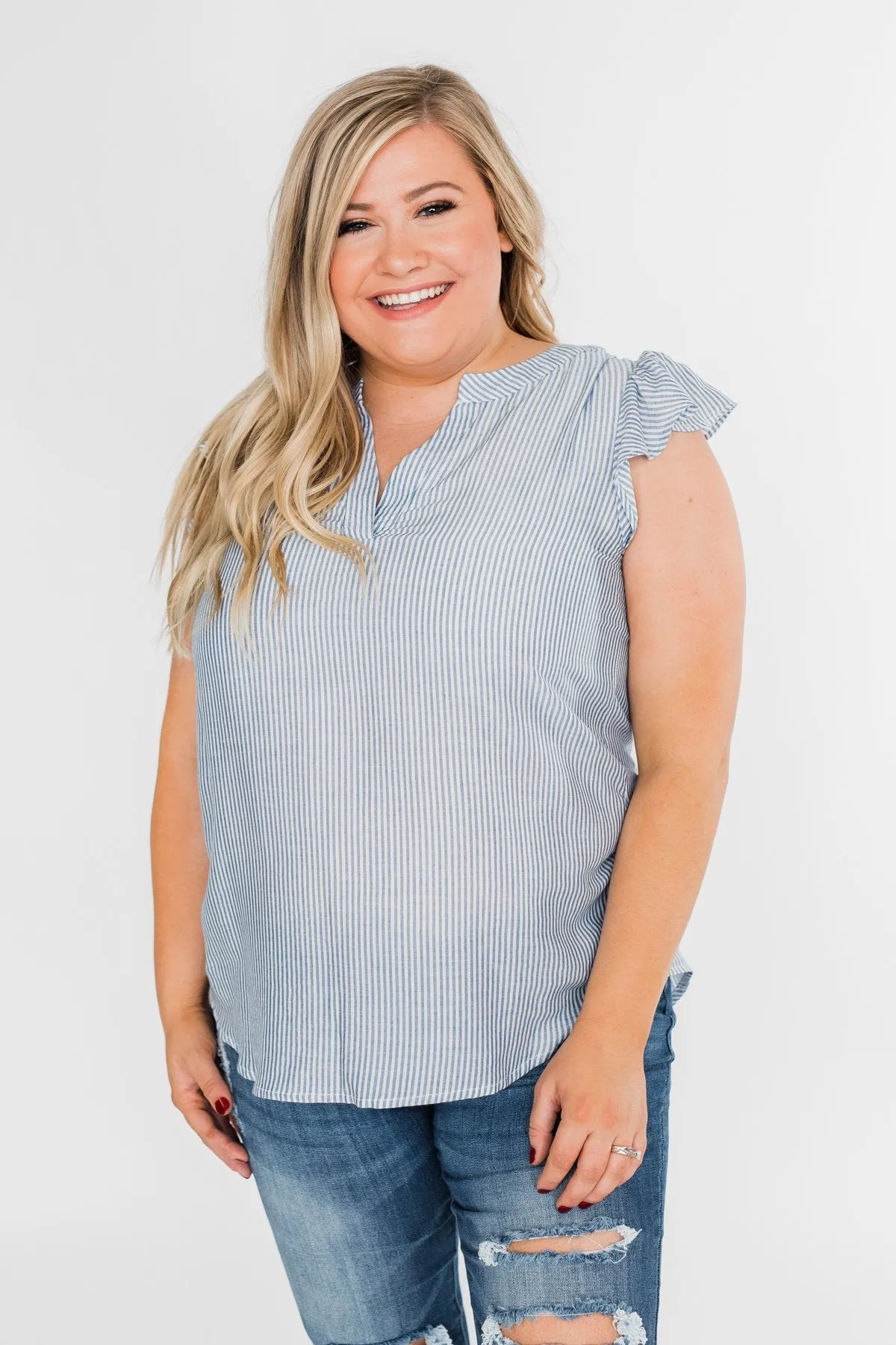 Ruffled Over You Striped Tank Top- Light Blue & Ivory