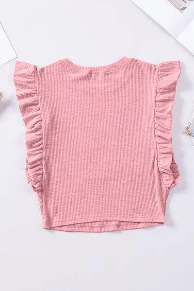 Ruffled Round Neck Cap Sleeve Blouse