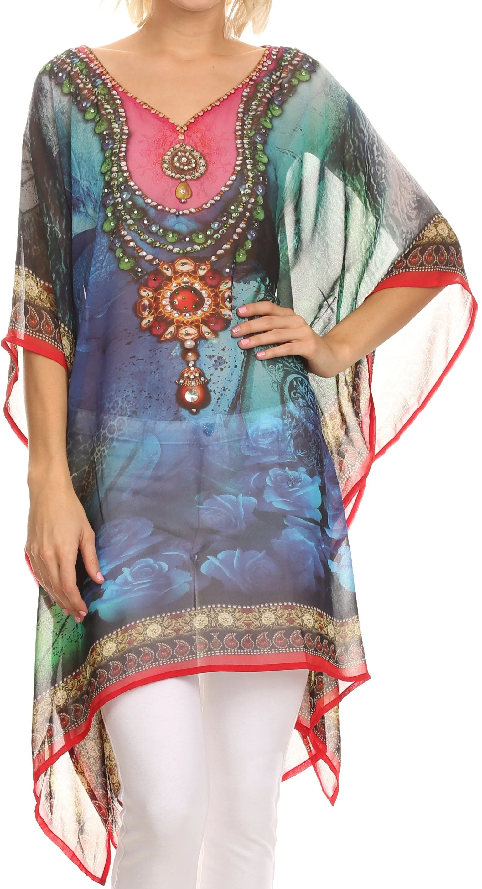 Sakkas Tala Rhinestone Accented Multicolored Sheer Beach Dress / Cover Up