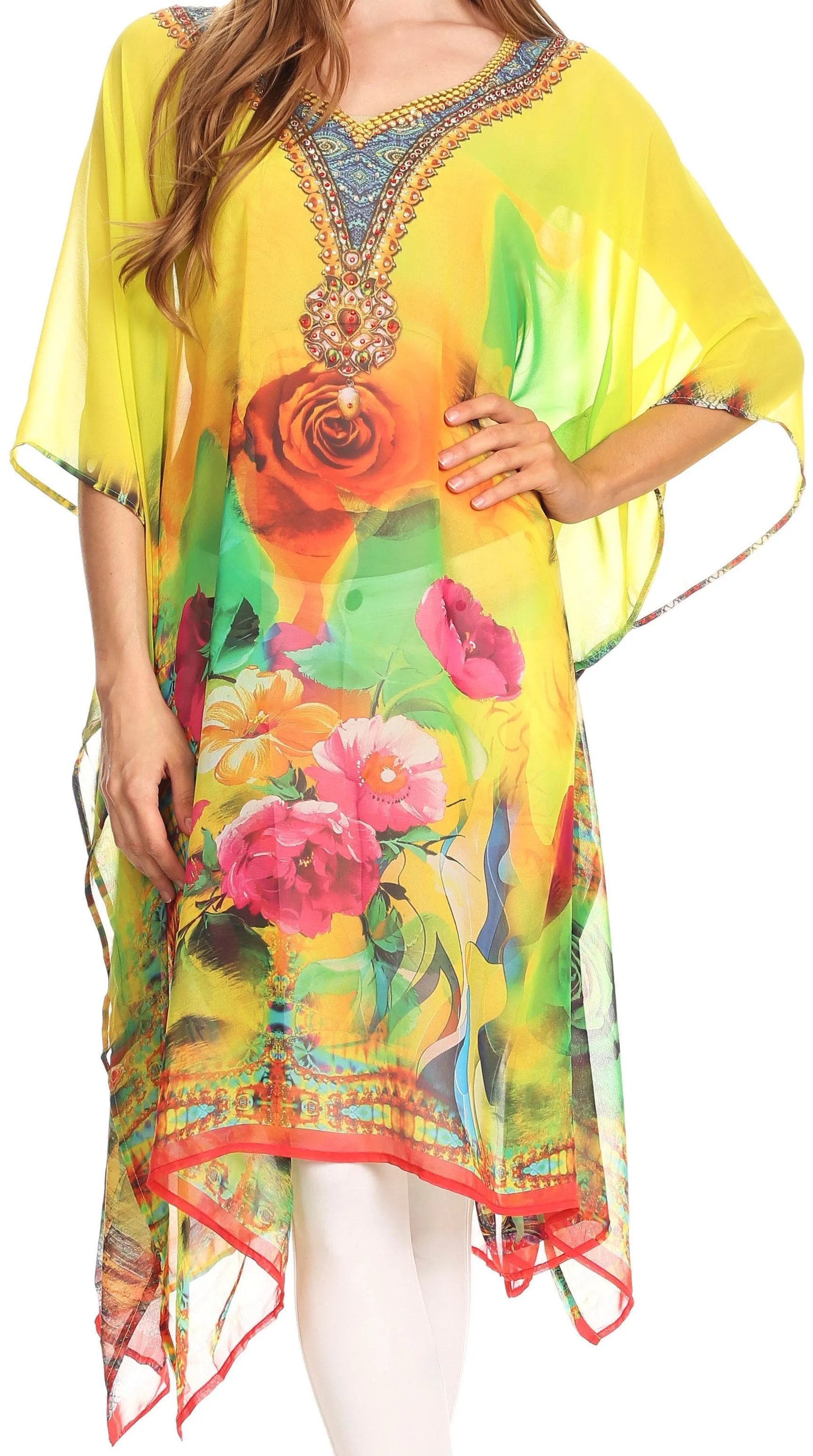 Sakkas Tala Rhinestone Accented Multicolored Sheer Beach Dress / Cover Up