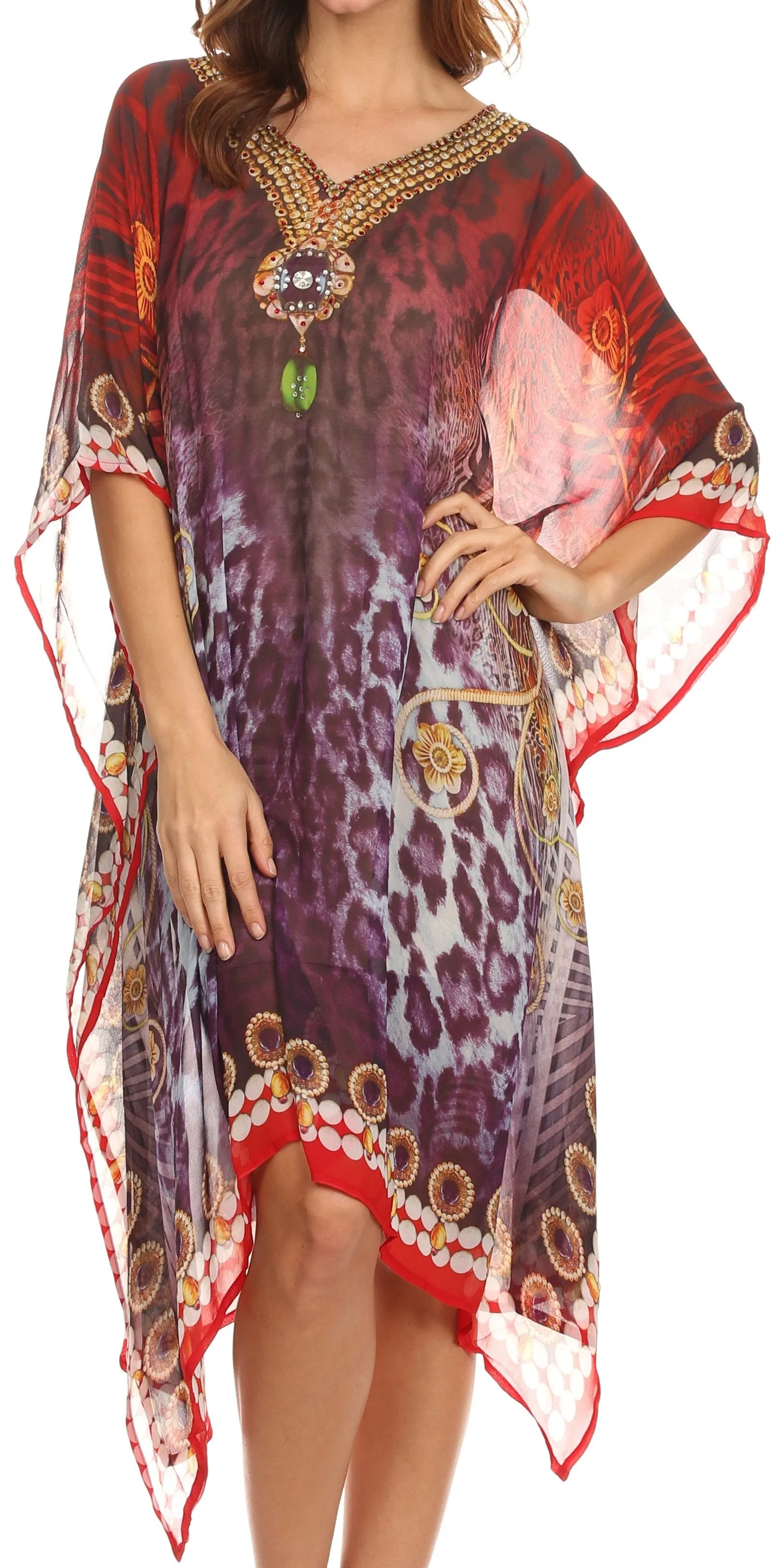 Sakkas Tala Rhinestone Accented Multicolored Sheer Beach Dress / Cover Up