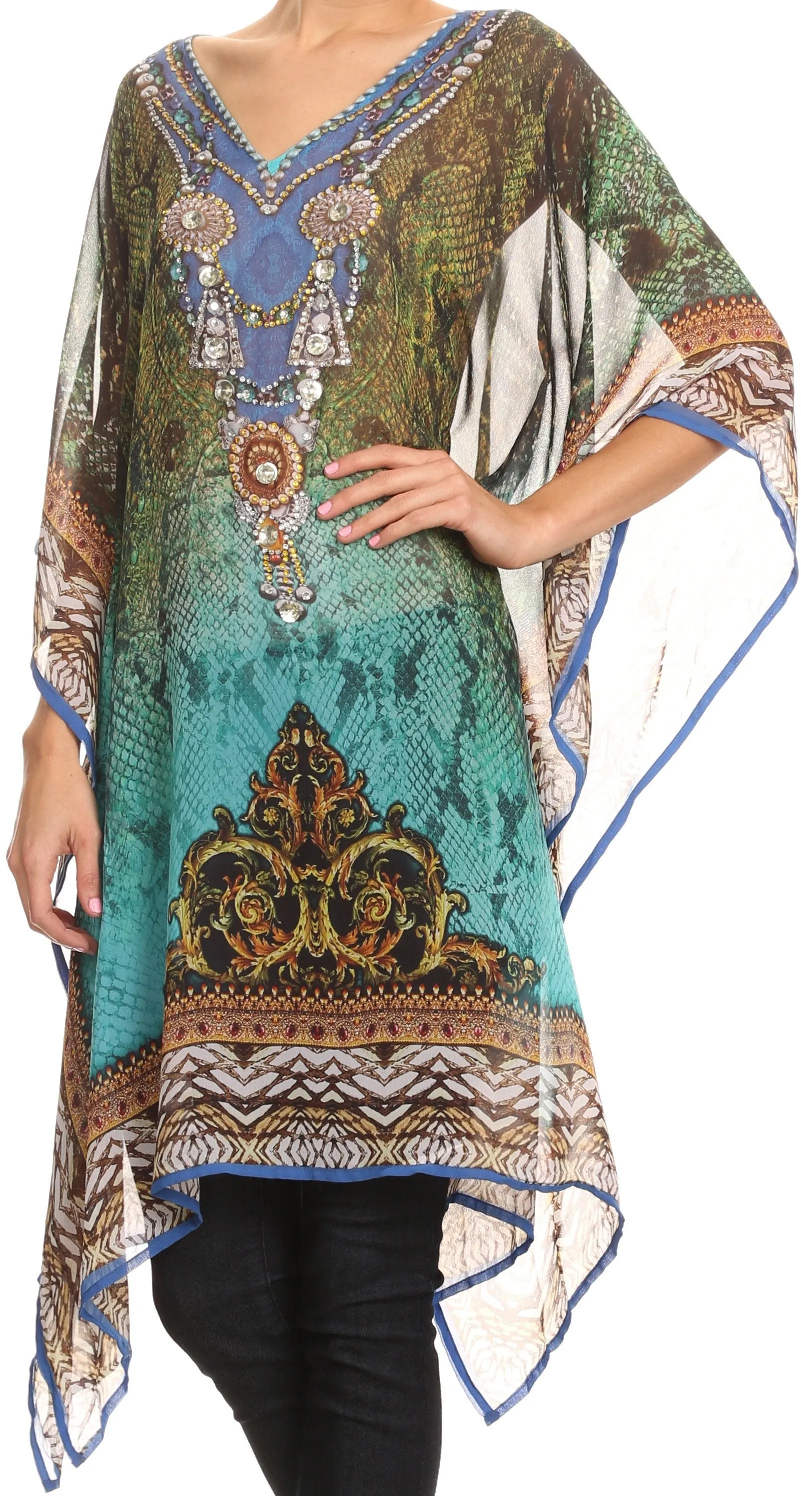 Sakkas Tala Rhinestone Accented Multicolored Sheer Beach Dress / Cover Up