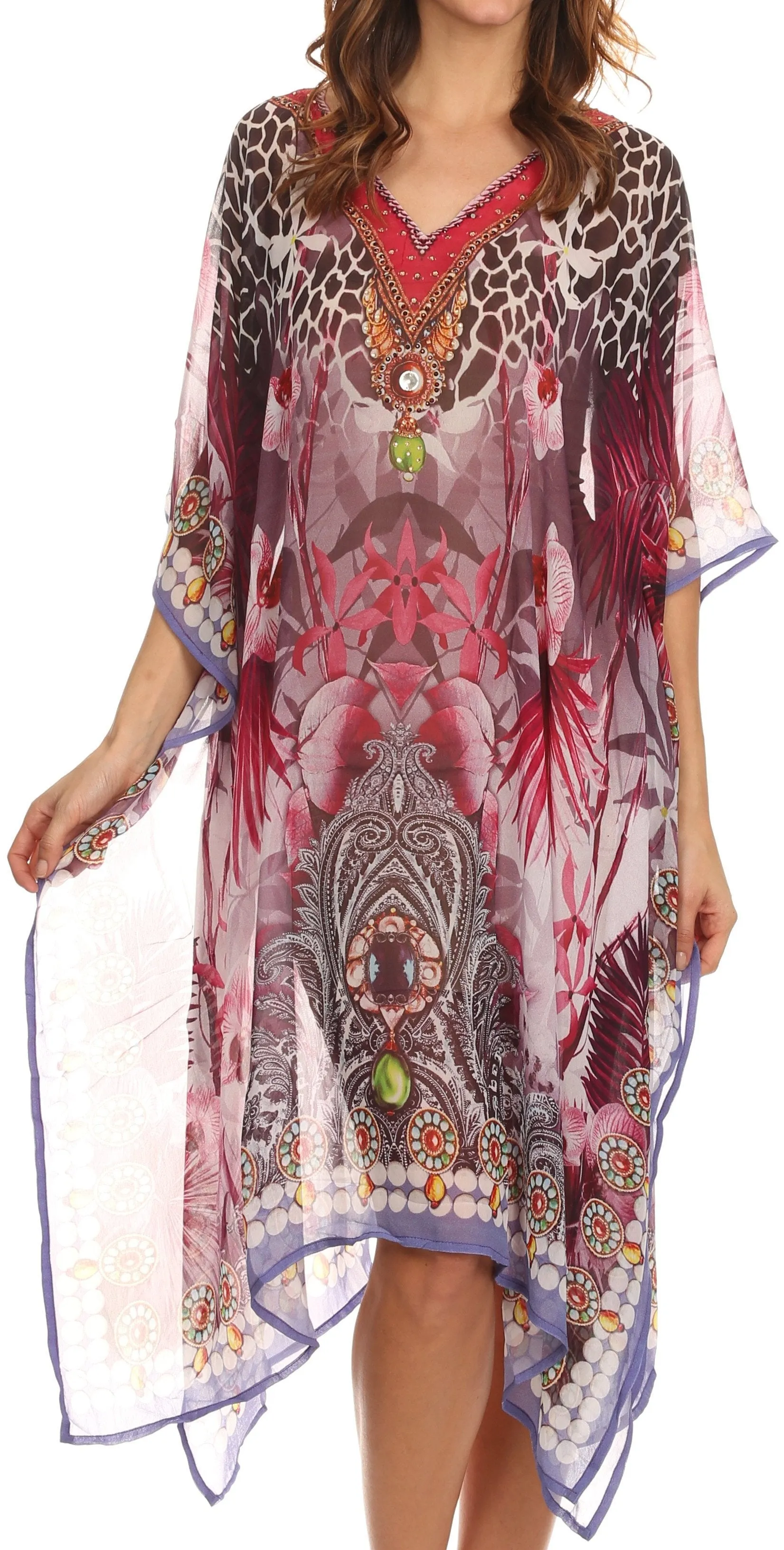 Sakkas Tala Rhinestone Accented Multicolored Sheer Beach Dress / Cover Up