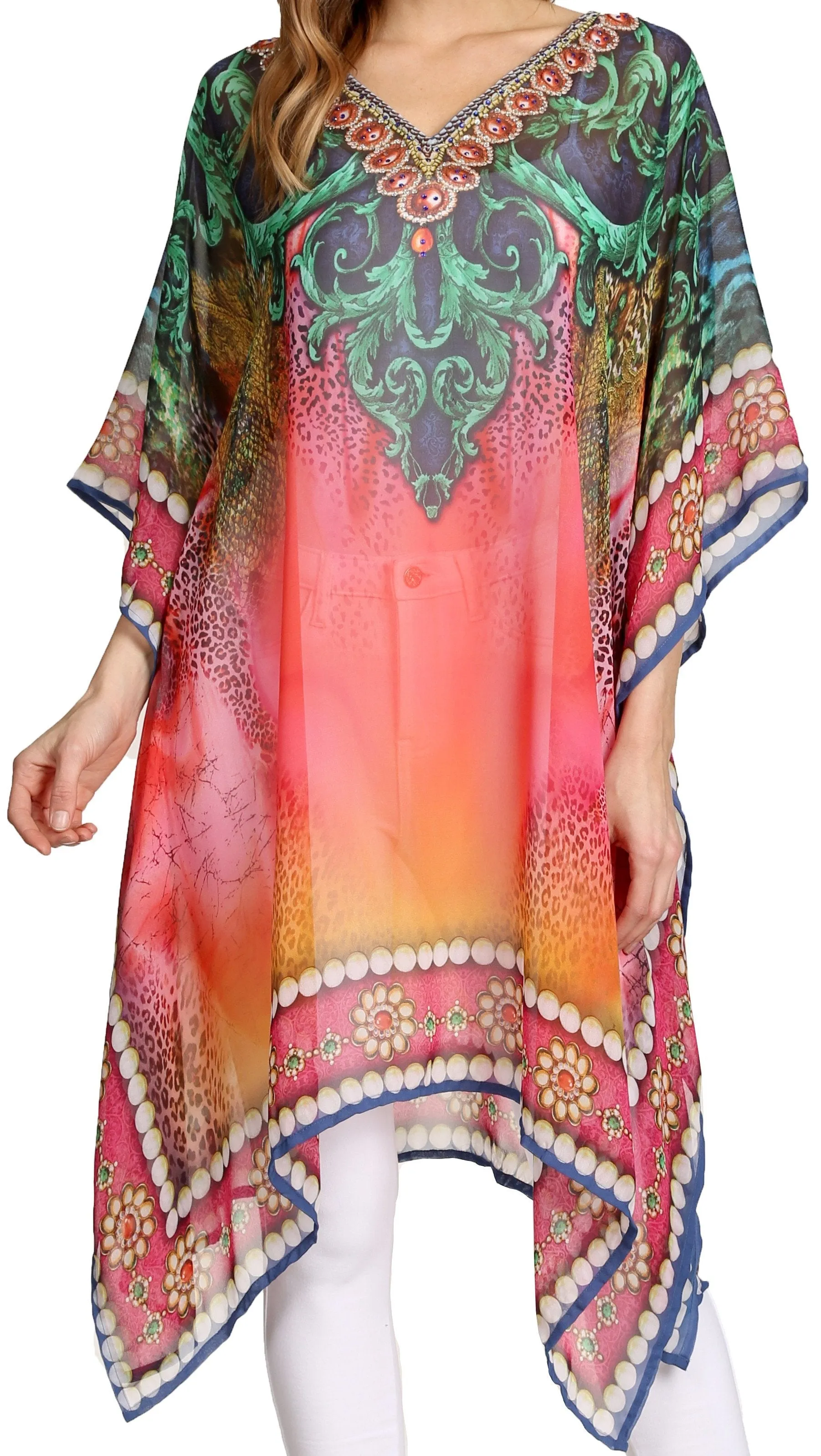 Sakkas Tala Rhinestone Accented Multicolored Sheer Beach Dress / Cover Up