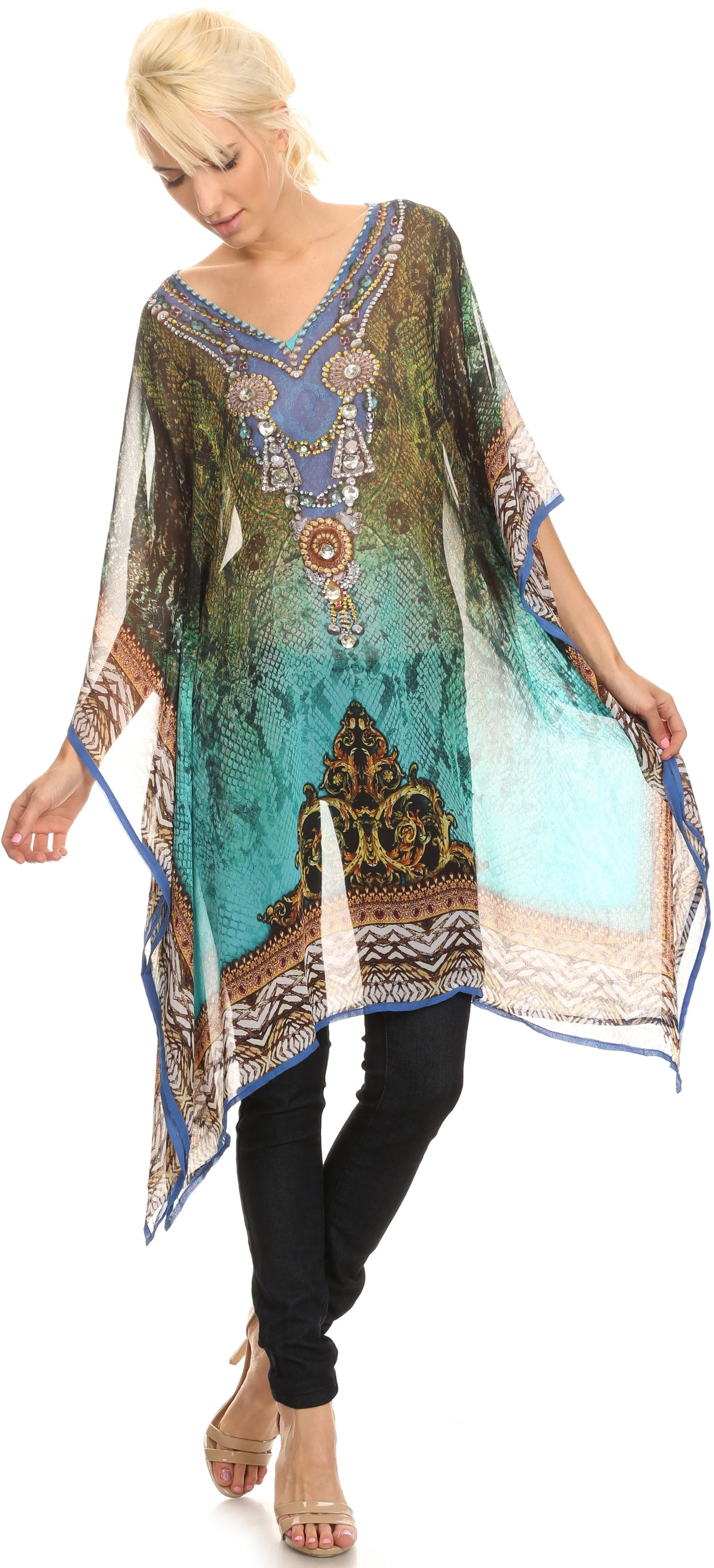 Sakkas Tala Rhinestone Accented Multicolored Sheer Beach Dress / Cover Up