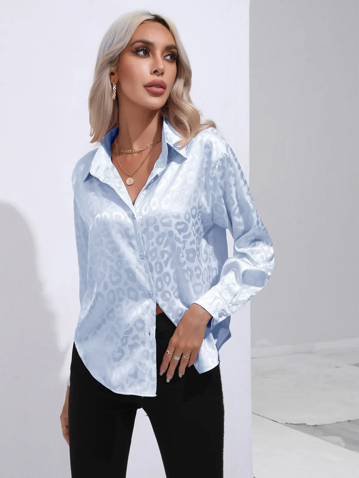 Savvy Spots Satin Button-Up Blouse