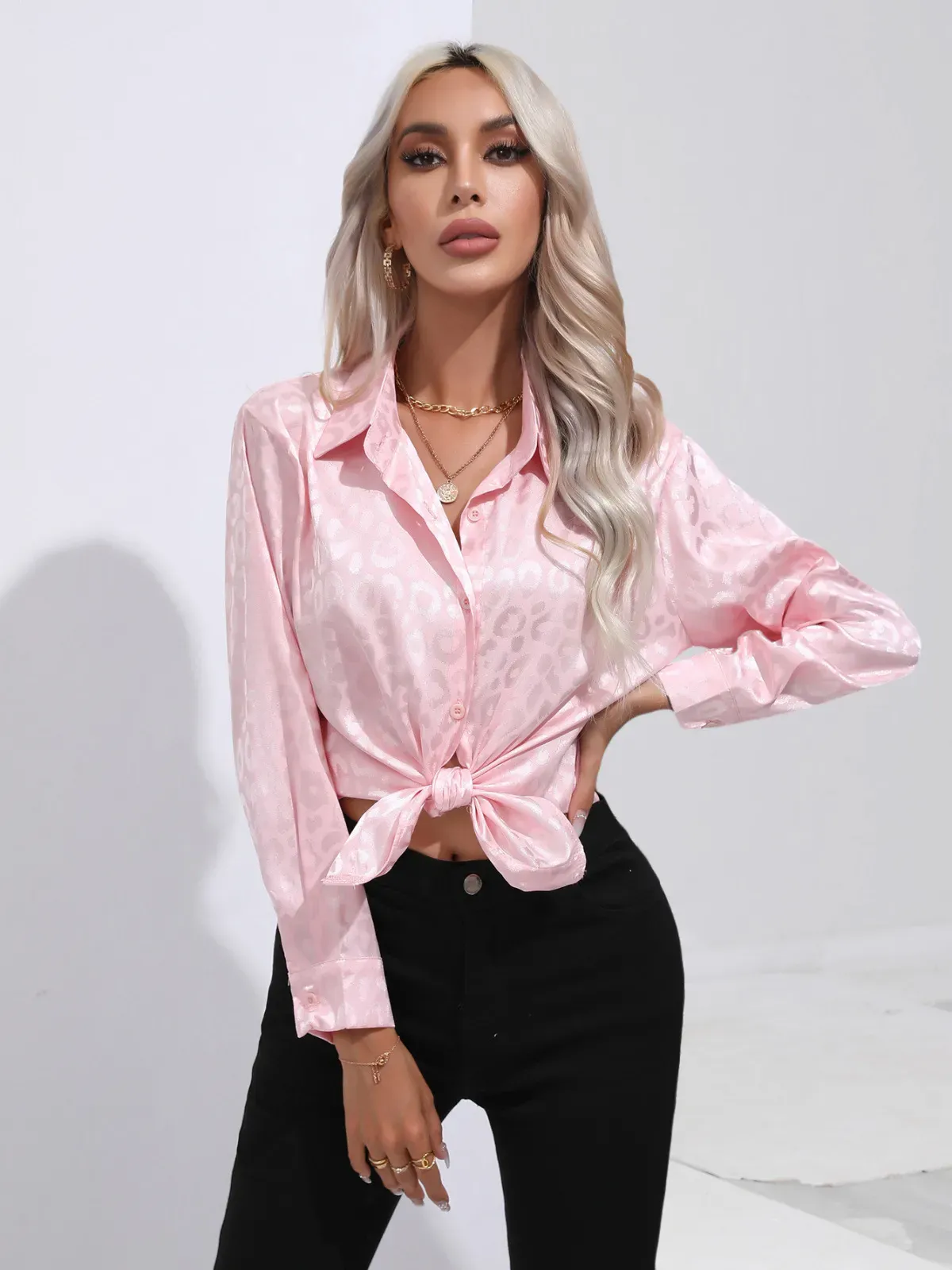 Savvy Spots Satin Button-Up Blouse
