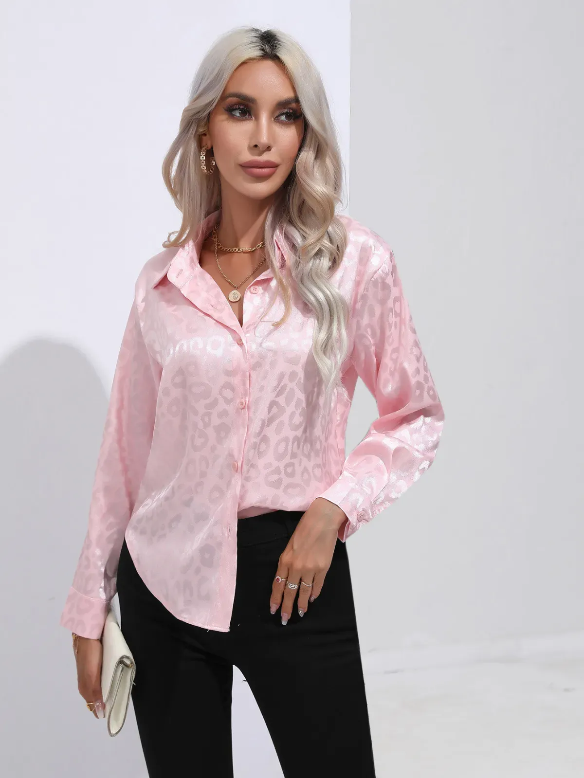 Savvy Spots Satin Button-Up Blouse