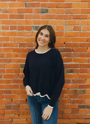 Scallop Hem Sweater - Navy/White