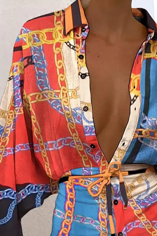 Scarf Print Button Design Long Sleeve Shirt Dress