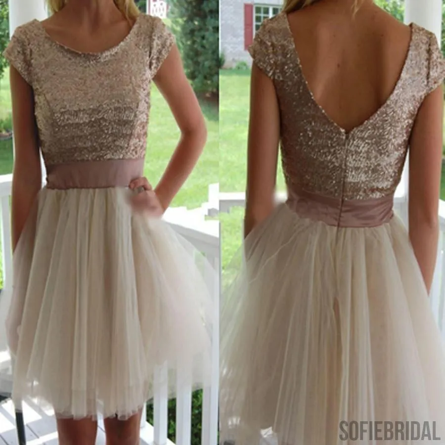 Scoop neck sequin with sleeve plus size casual homecoming prom gown dress,BD0091