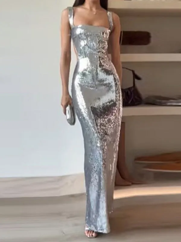 Sequin Maxi Dress with Square Neck and Backless Design
