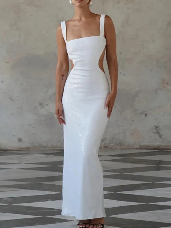 Sequin Maxi Dress with Square Neck and Backless Design