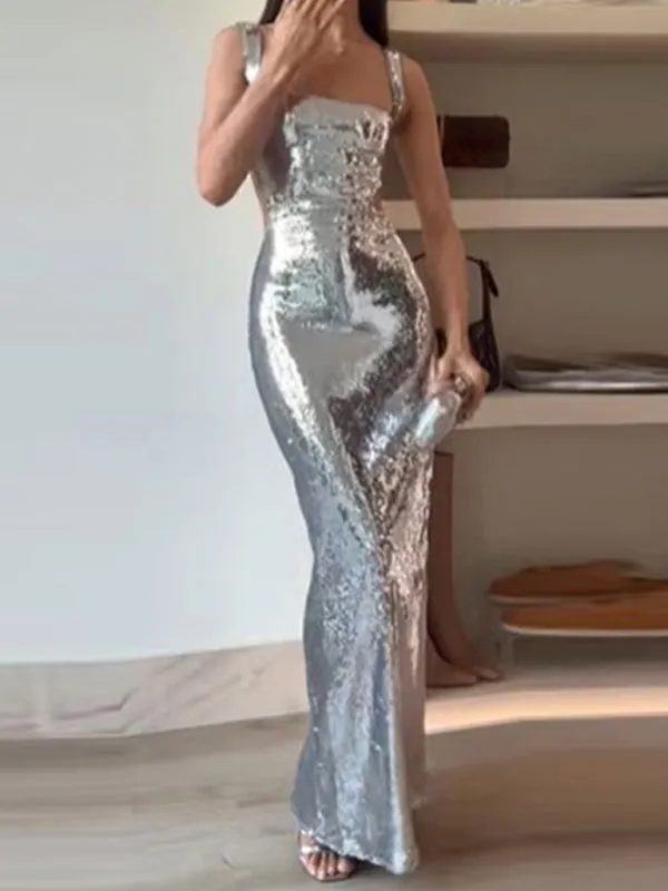 Sequin Maxi Dress with Square Neck and Backless Design