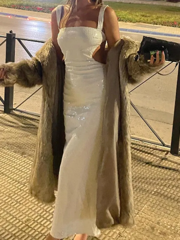 Sequin Maxi Dress with Square Neck and Backless Design