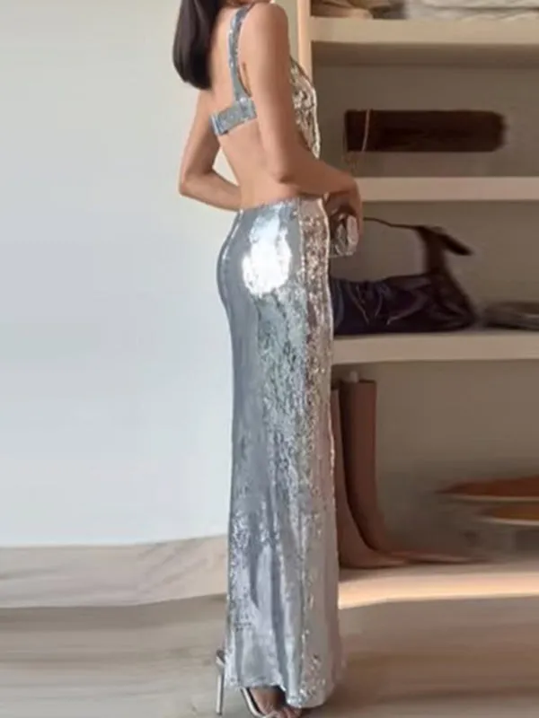 Sequin Maxi Dress with Square Neck and Backless Design