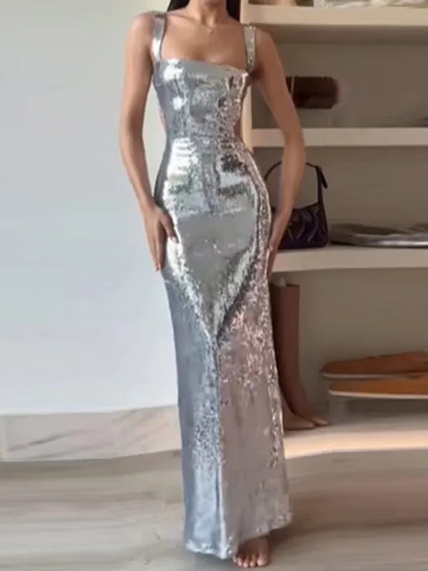 Sequin Maxi Dress with Square Neck and Backless Design