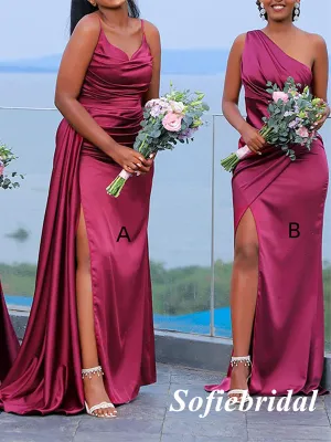 Sexy Soft Satin Mismatched Sleeveless Side Slit Mermaid Floor Length Bridesmaid Dresses, SFWG00511