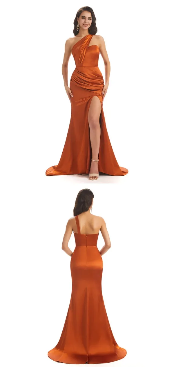Sexy Soft Satin Side Slit One Shoulder Long Maxi Mermaid Bridesmaid Dresses, PD0261
