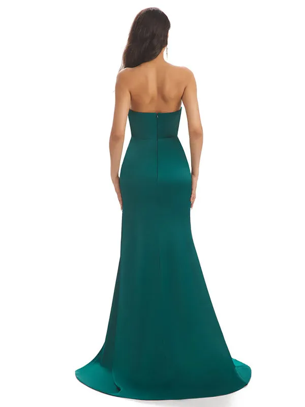 Sexy Sweetheart Strapless Mermaid Side Slit Soft Satin Long Prom Dresses For Party Online, OL364