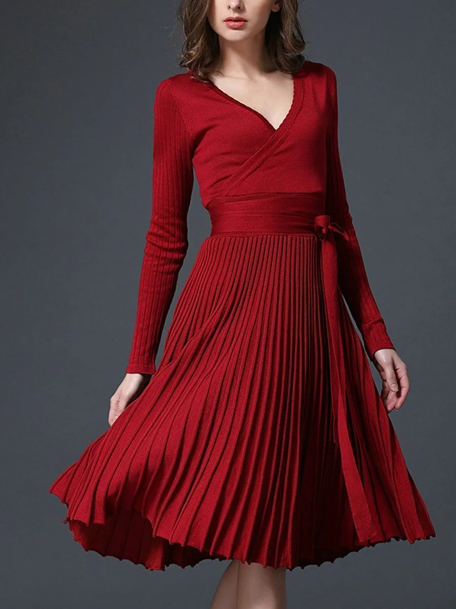 Sexy V-Neck Solid Pleated Knitted Skater Dress
