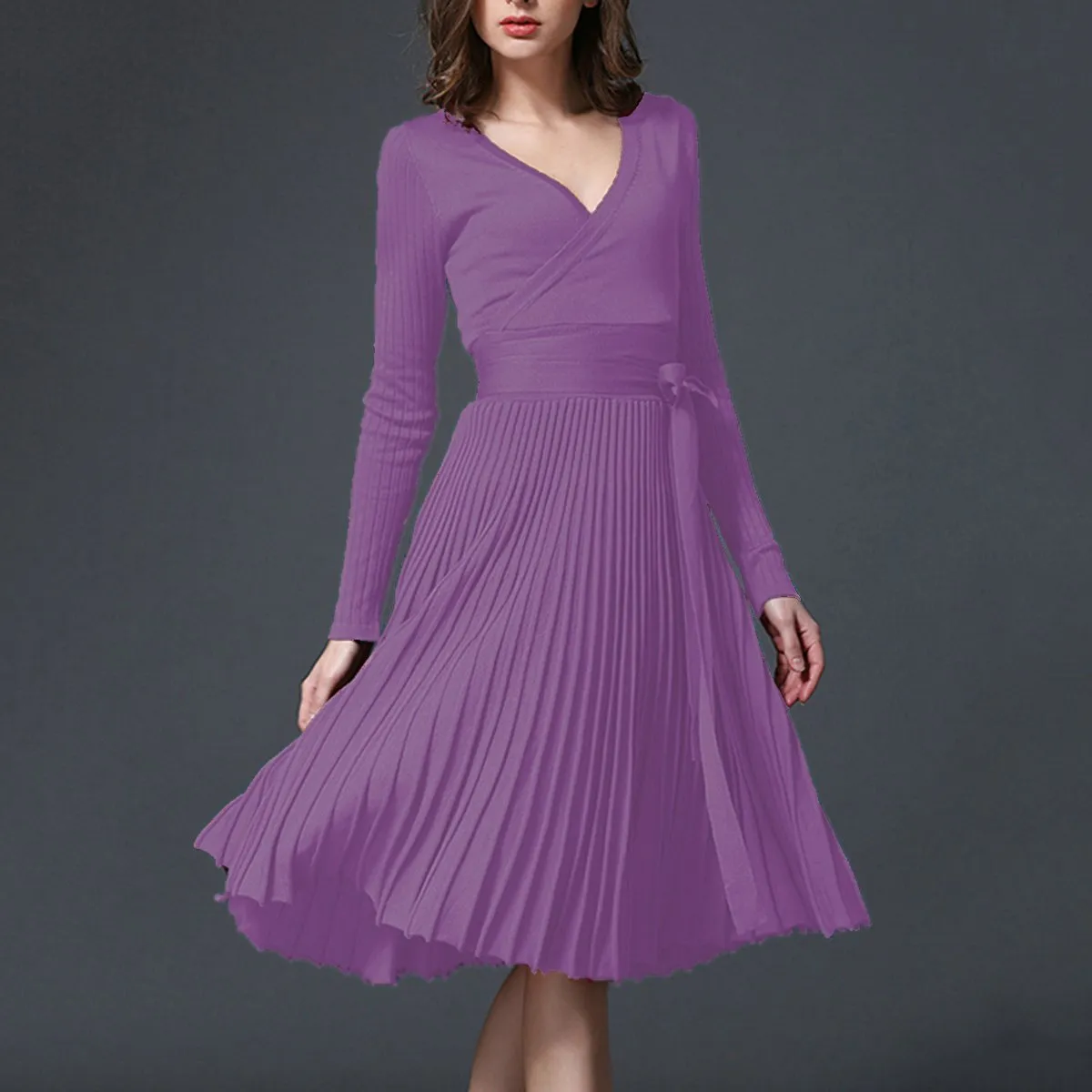 Sexy V-Neck Solid Pleated Knitted Skater Dress