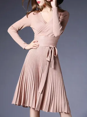 Sexy V-Neck Solid Pleated Knitted Skater Dress