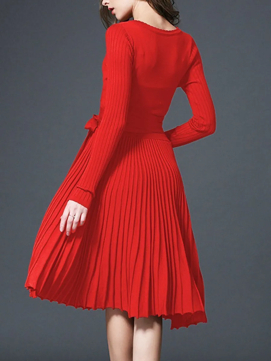 Sexy V-Neck Solid Pleated Knitted Skater Dress